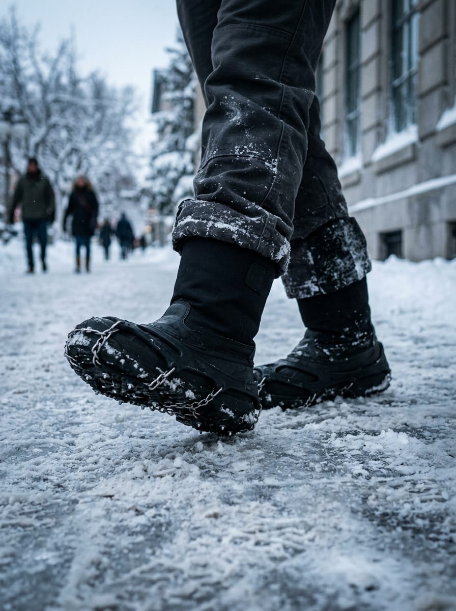 Bottes noires munies de crampons antidérapants sur un trottoir glacé