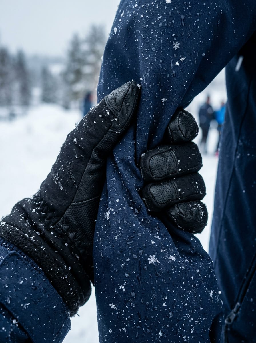 Main gantée de noir serrant la manche d’un manteau bleu marine couvert de flocons