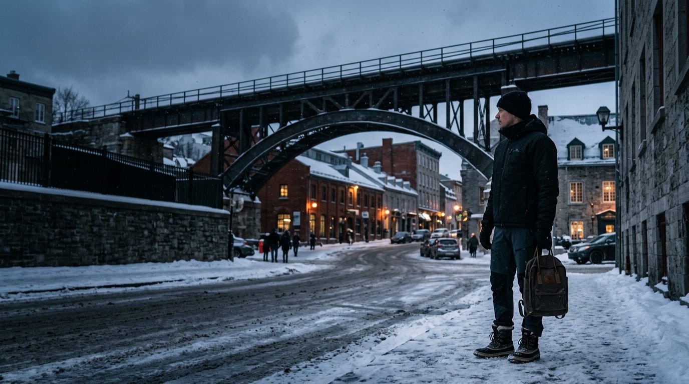 Une personne en habit d’hiver, immobile sur un trottoir enneigé du Vieux-Québec, sous un viaduc d’acier