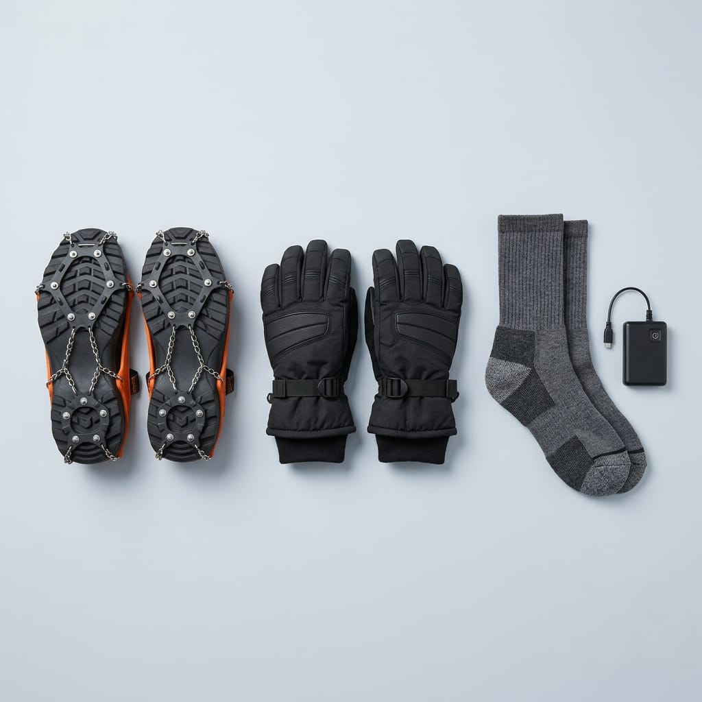 Crampons antidérapants, gants techniques et chaussettes chauffantes avec leur batterie, posés côte à côte
