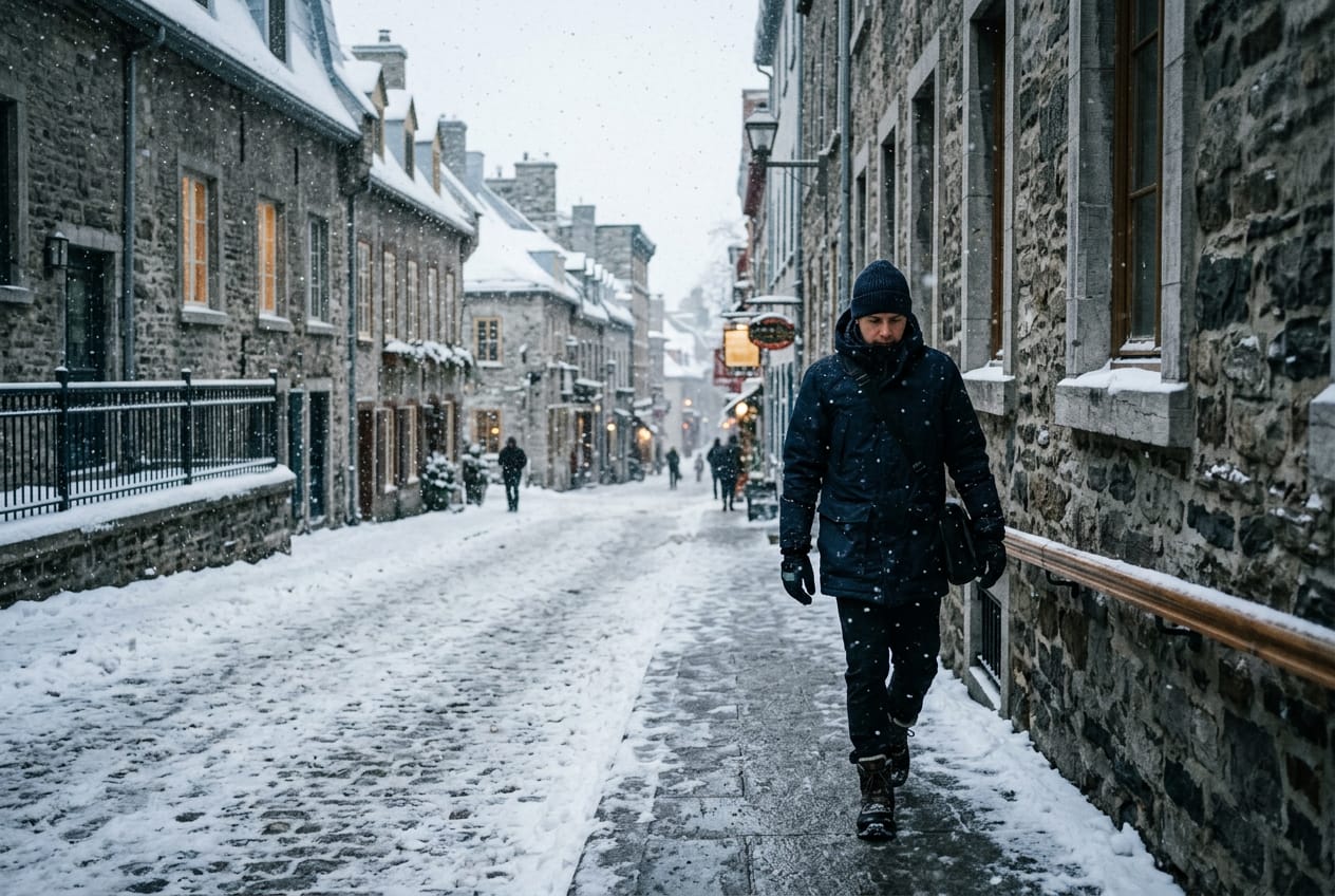 Une personne marche sous la neige dans une rue du Vieux-Québec, gants aux mains